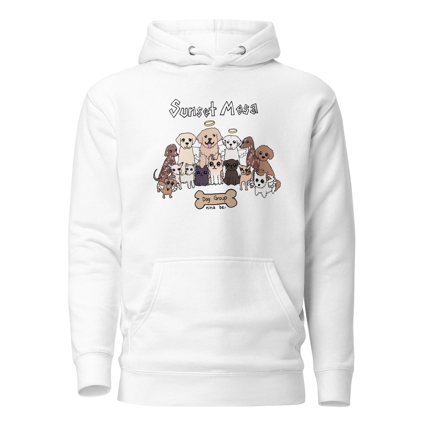 Nina Be Sunset Mesa Dog Group hoodie in white - hand-drawn dog graphic, front view