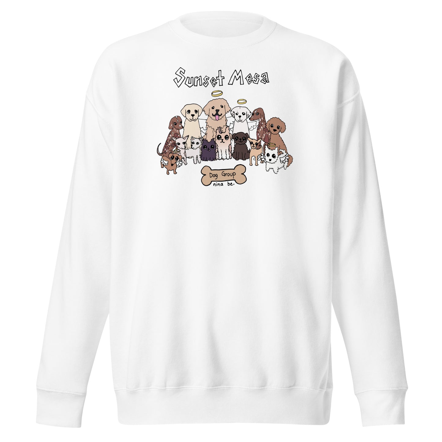 Nina Be Sunset Mesa Dog Group crewneck sweatshirt in white - hand-drawn dog graphic, front view