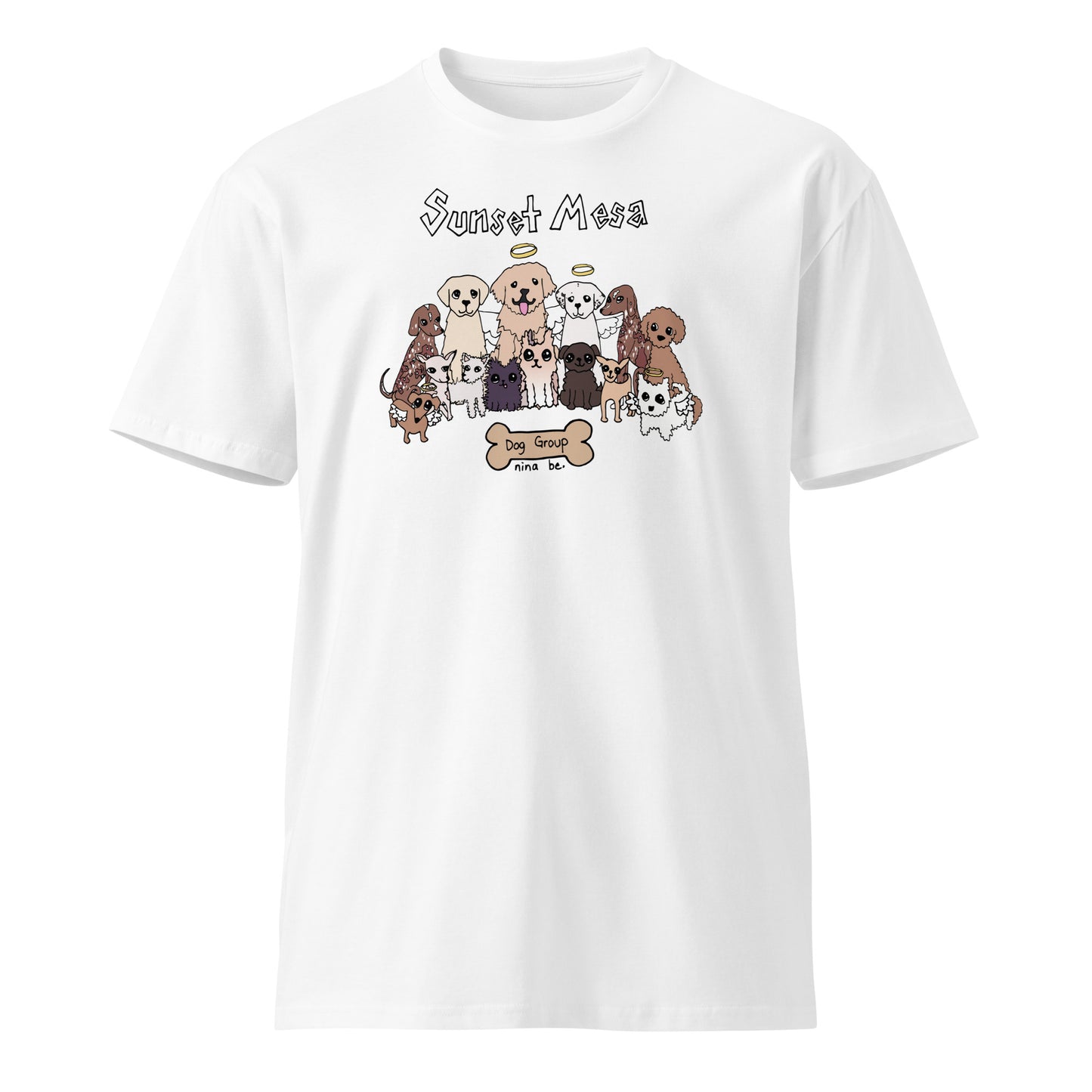 Nina Be Sunset Mesa Dog Group unisex t-shirt in white - hand-drawn dog graphic tee, front view