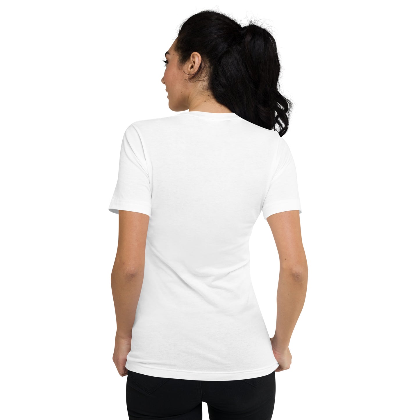Nina Be Sunset Mesa Dog Group v-neck t-shirt in white - back view, dog graphic