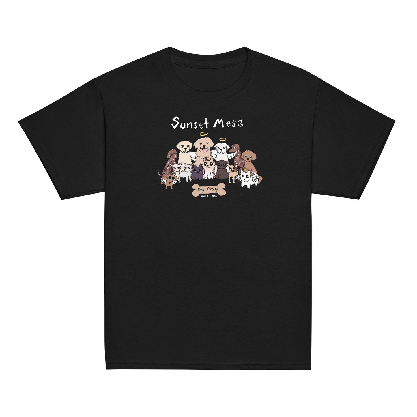 Nina Be Sunset Mesa Dog Group youth t-shirt in black - hand-drawn dog graphic tee, front view