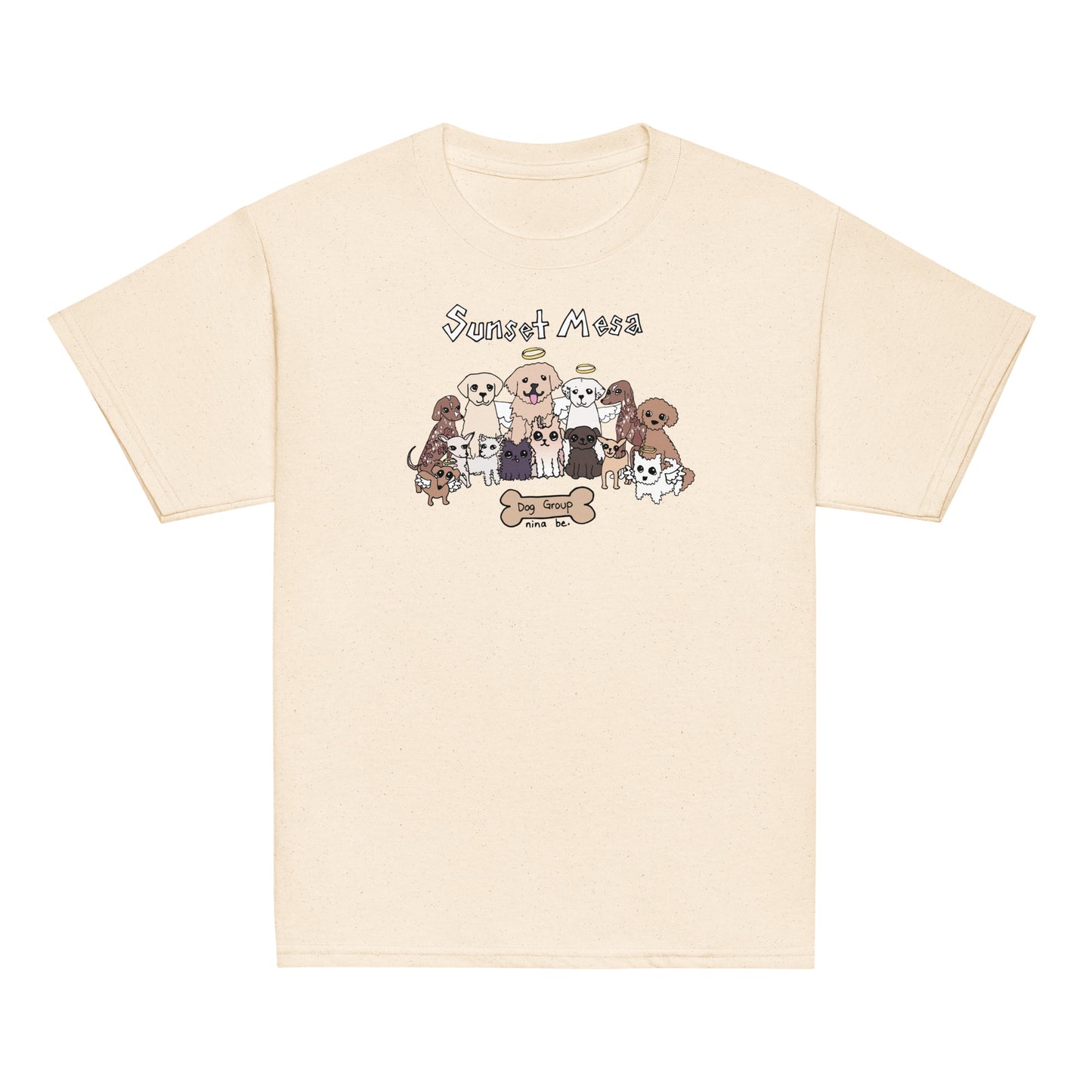 Nina Be Sunset Mesa Dog Group youth t-shirt in natural - hand-drawn dog graphic tee, front view