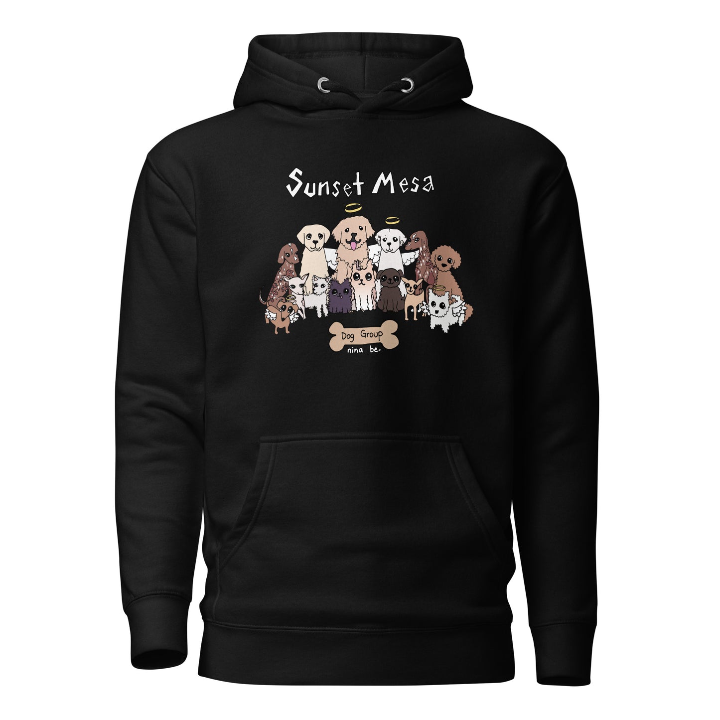 Nina Be Sunset Mesa Dog Group hoodie in black - hand-drawn dog graphic, front view