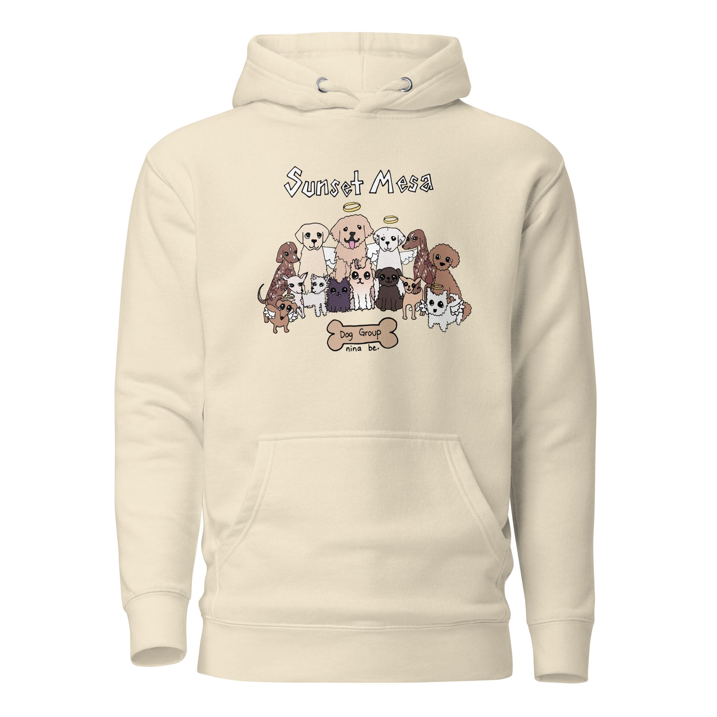 Nina Be Sunset Mesa Dog Group hoodie in bone - hand-drawn dog graphic, front view