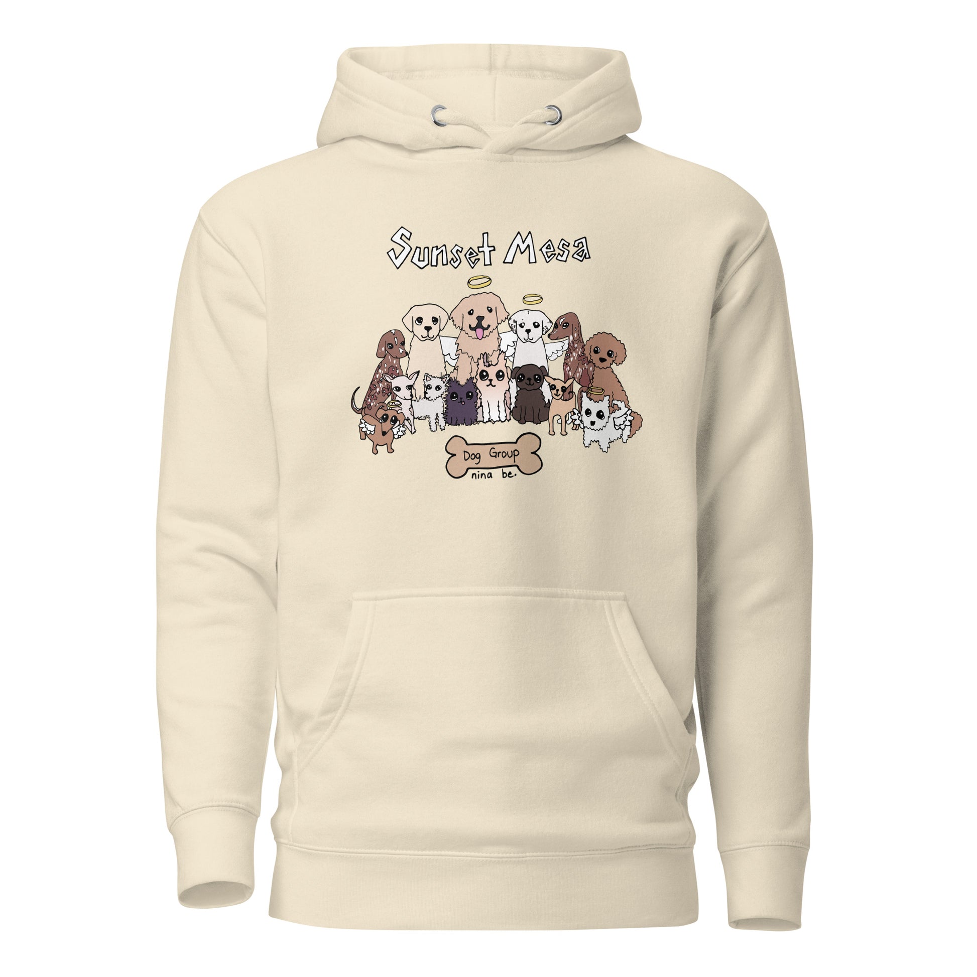 Nina Be Sunset Mesa Dog Group hoodie in bone - hand-drawn dog graphic, front view