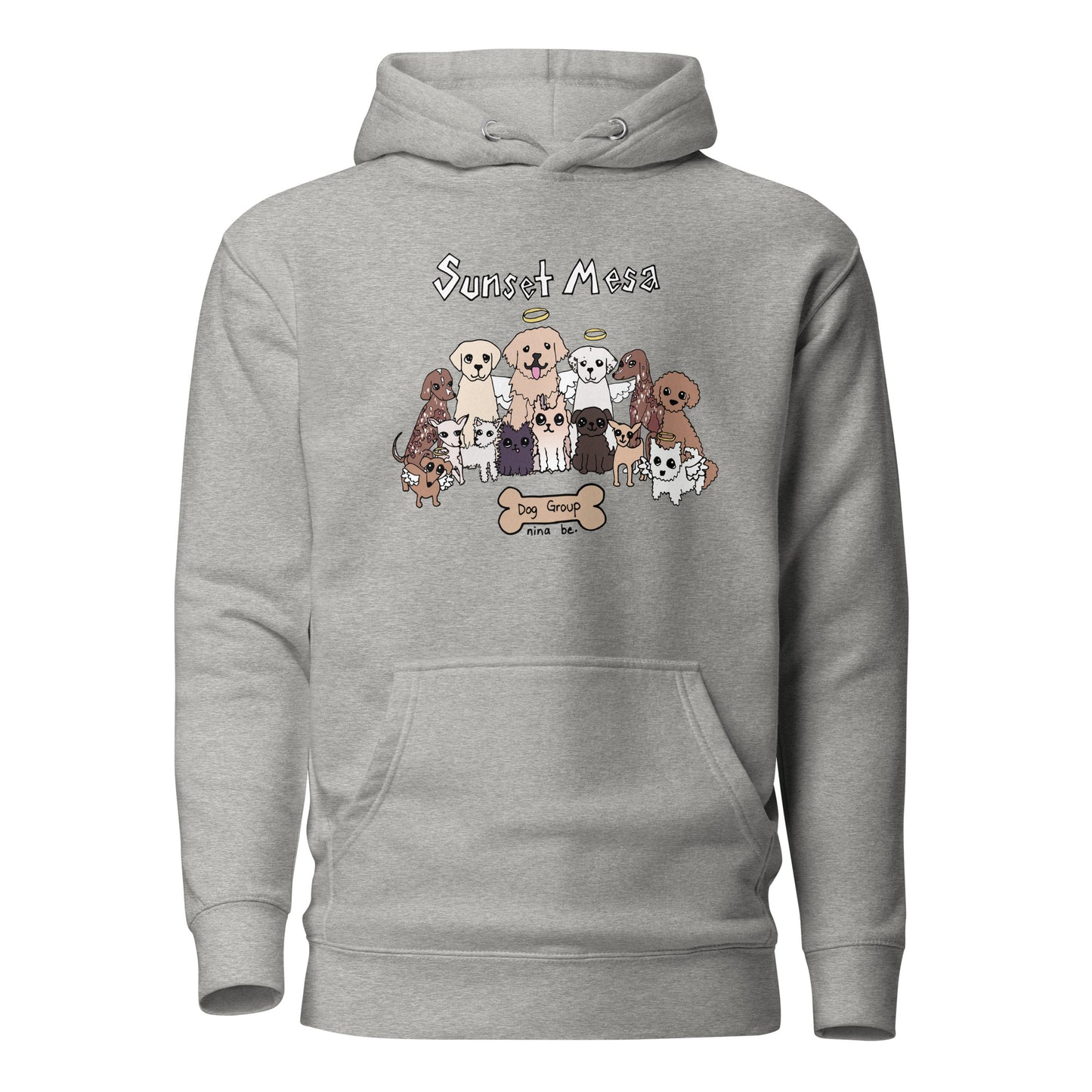 Nina Be Sunset Mesa Dog Group hoodie in carbon grey - hand-drawn dog graphic, front view