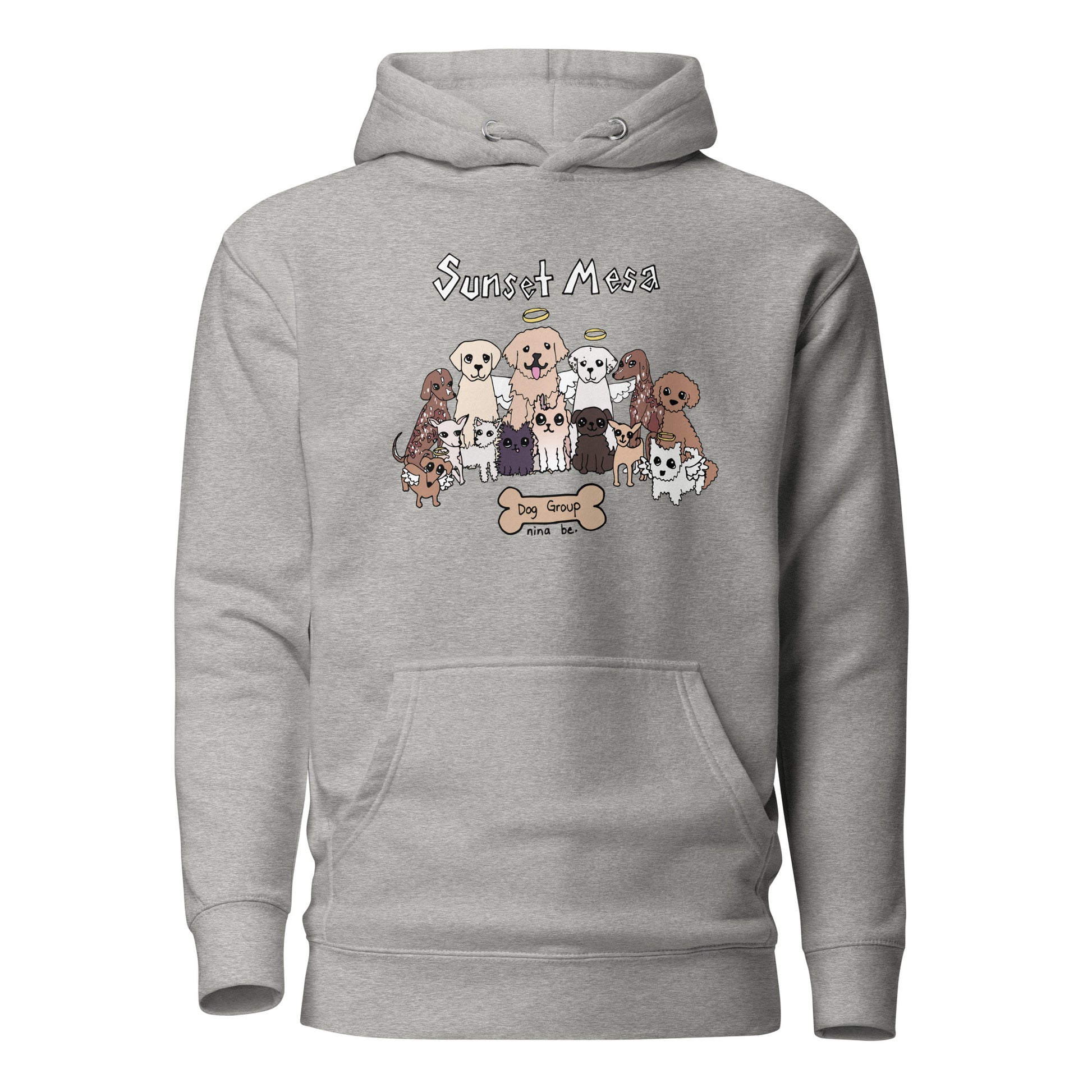 Nina Be Sunset Mesa Dog Group hoodie in carbon grey - hand-drawn dog graphic, front view