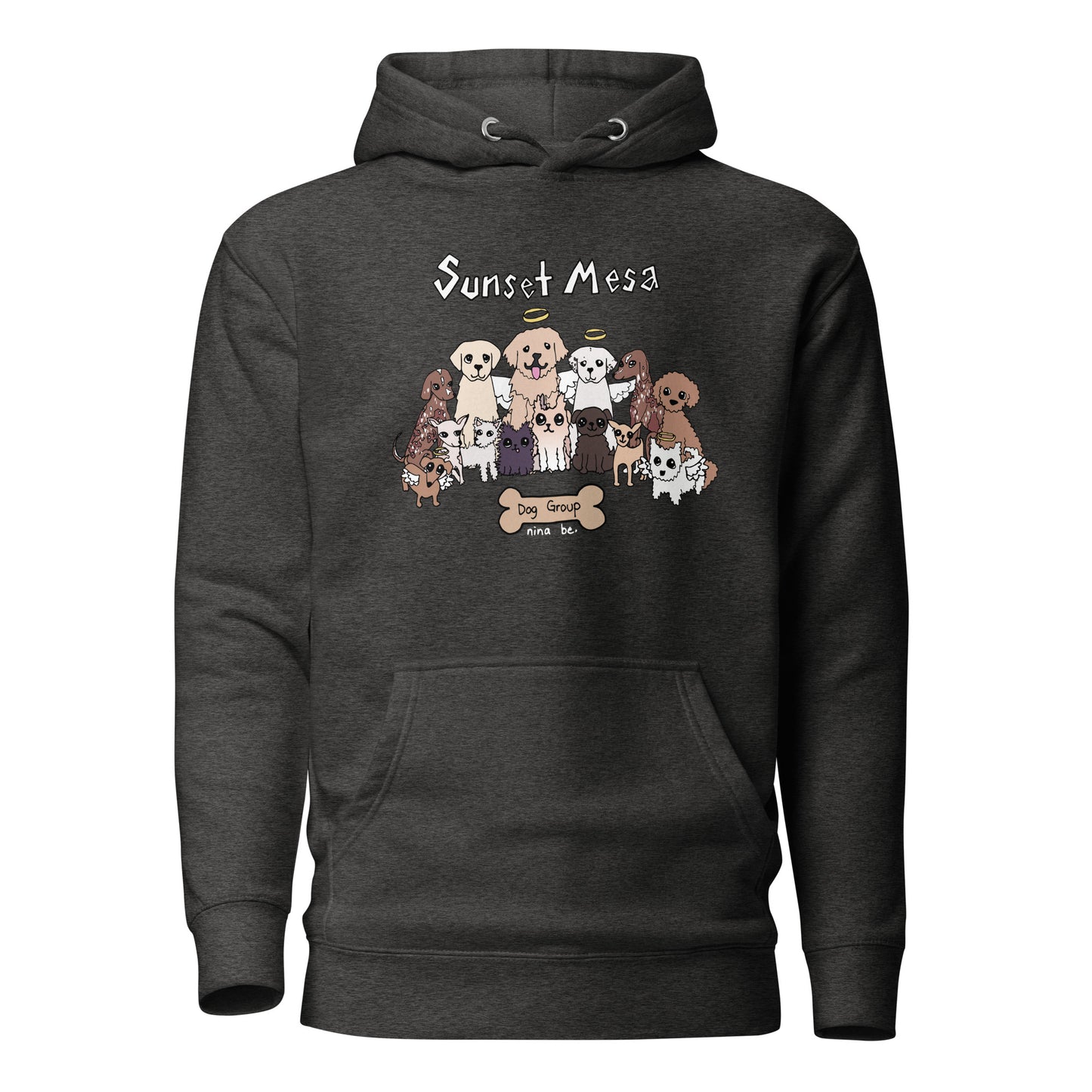Nina Be Sunset Mesa Dog Group hoodie in charcoal heather - hand-drawn dog graphic, front view