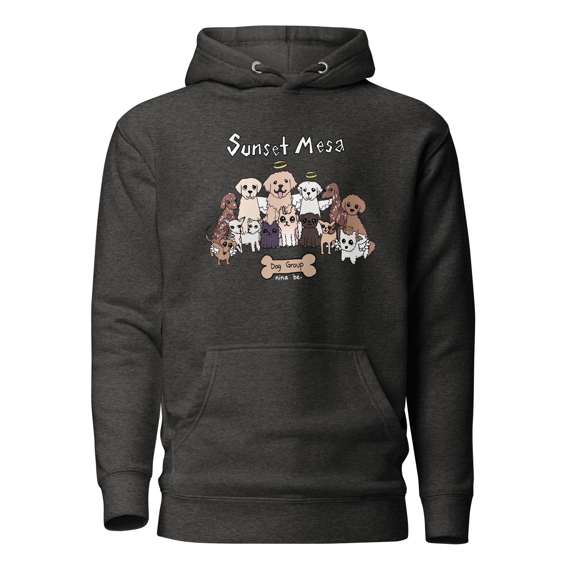 Nina Be Sunset Mesa Dog Group hoodie in charcoal heather - hand-drawn dog graphic, front view