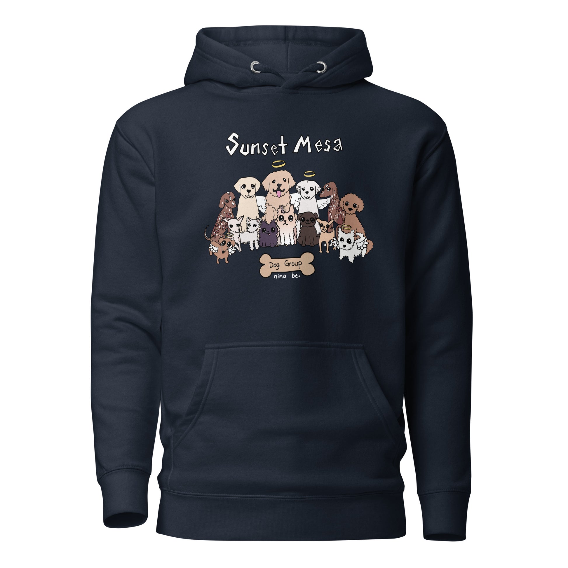 Nina Be Sunset Mesa Dog Group hoodie in navy blazer - hand-drawn dog graphic, front view