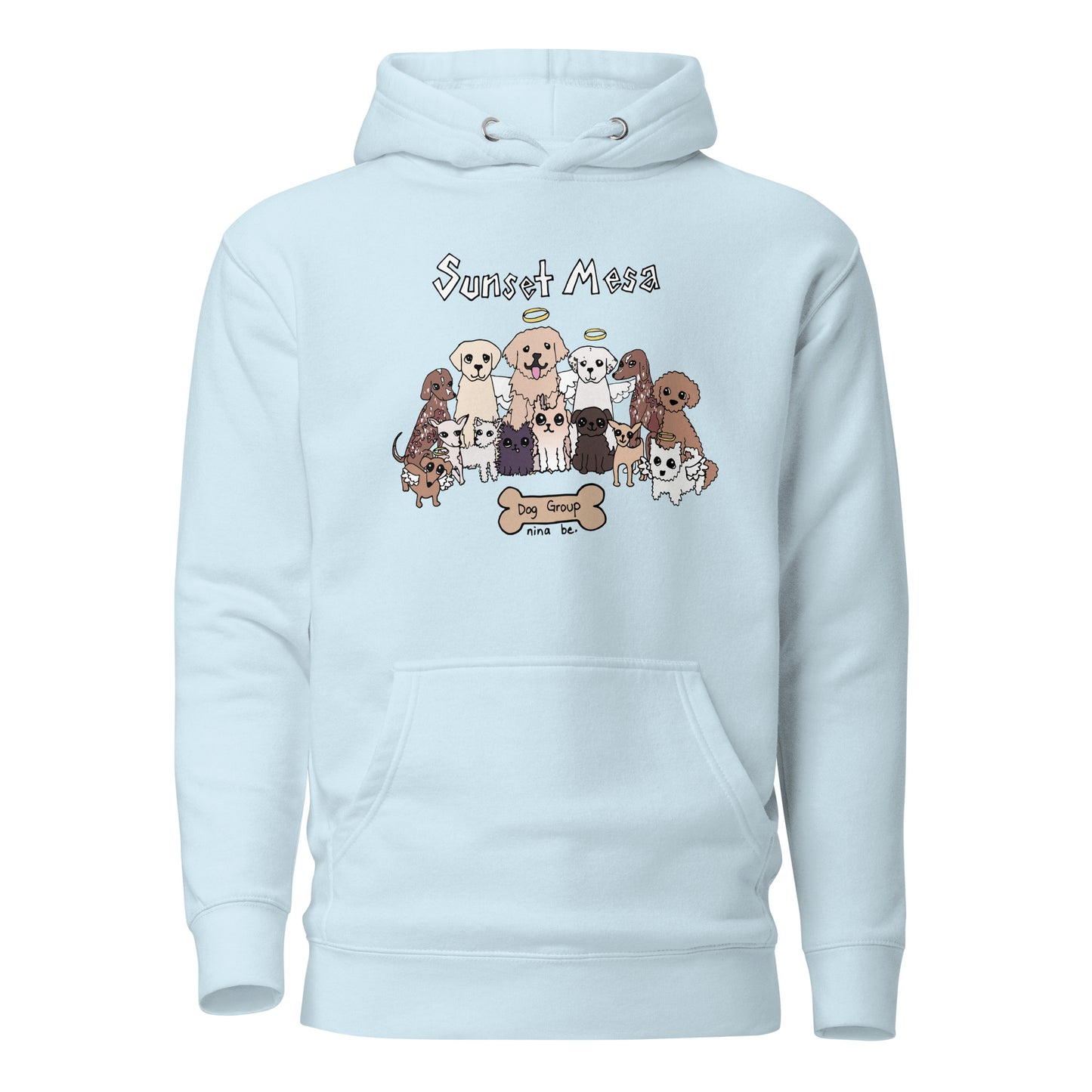Nina Be Sunset Mesa Dog Group hoodie in sky blue - hand-drawn dog graphic, front view