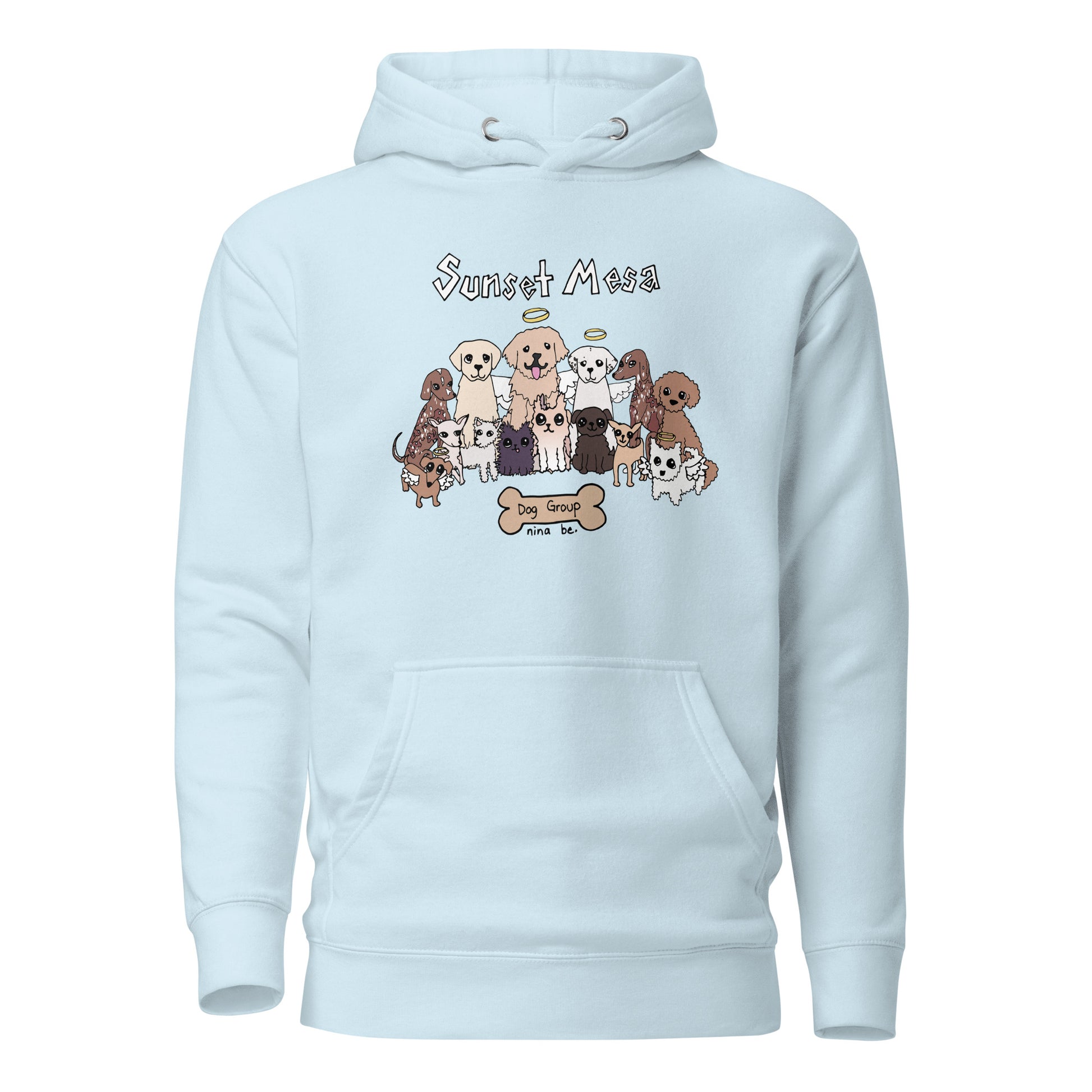 Nina Be Sunset Mesa Dog Group hoodie in sky blue - hand-drawn dog graphic, front view