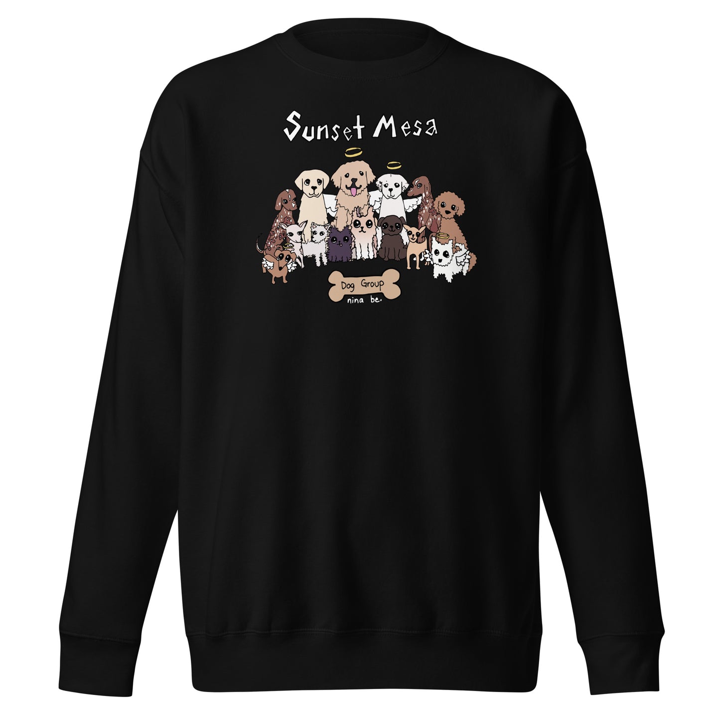 Nina Be Sunset Mesa Dog Group crewneck sweatshirt in black - hand-drawn dog graphic, front view