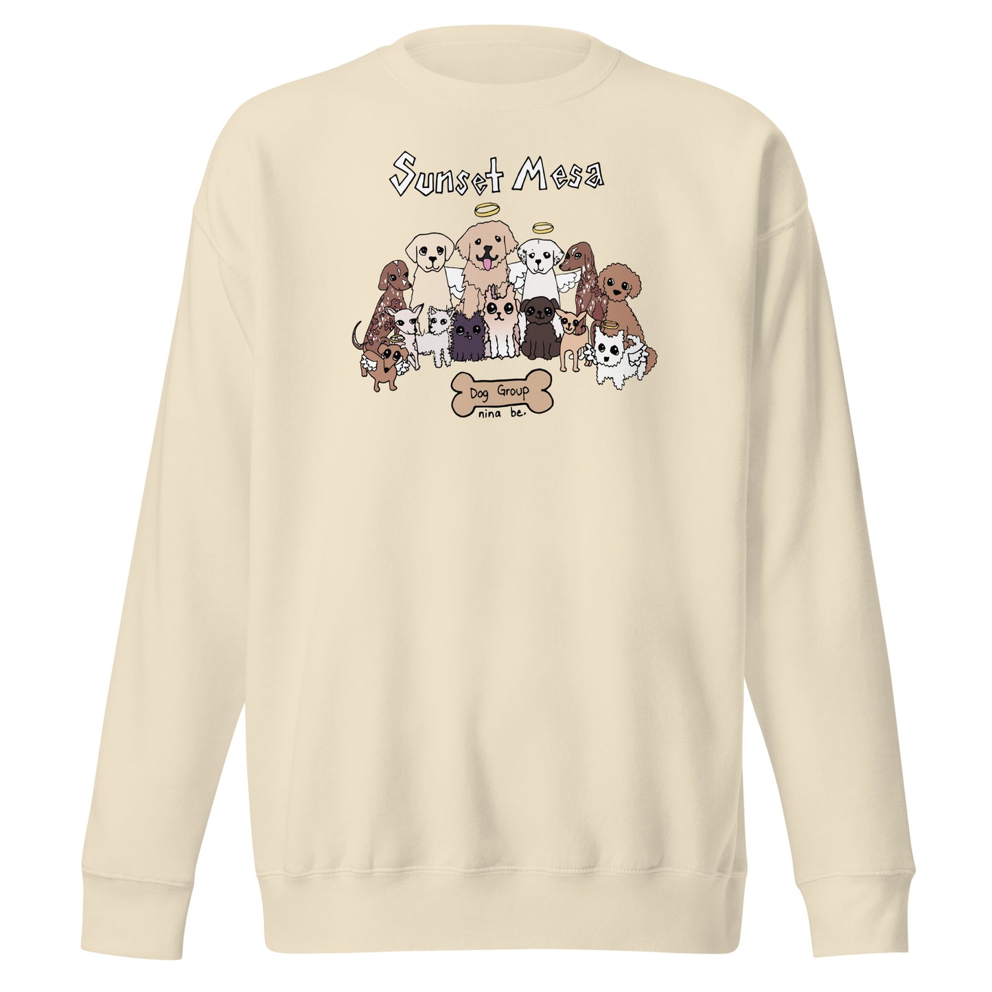 Nina Be Sunset Mesa Dog Group crewneck sweatshirt in bone - hand-drawn dog graphic, front view