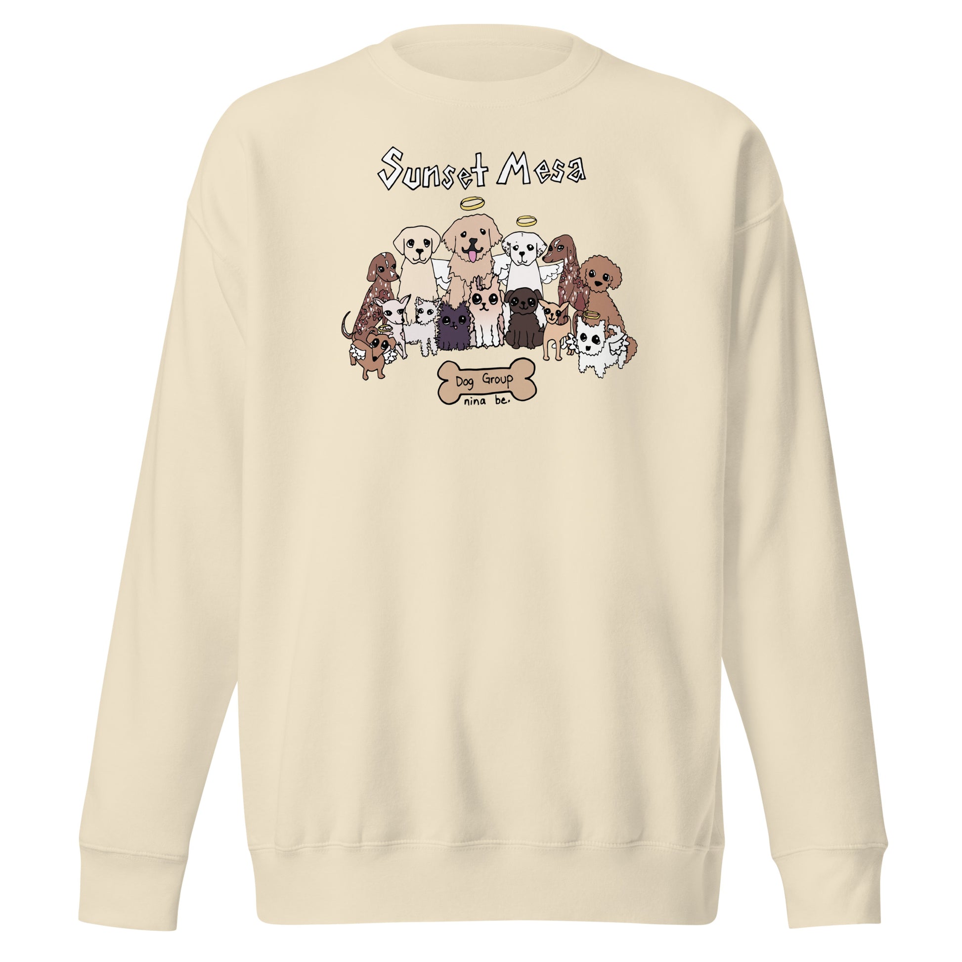 Nina Be Sunset Mesa Dog Group crewneck sweatshirt in bone - hand-drawn dog graphic, front view