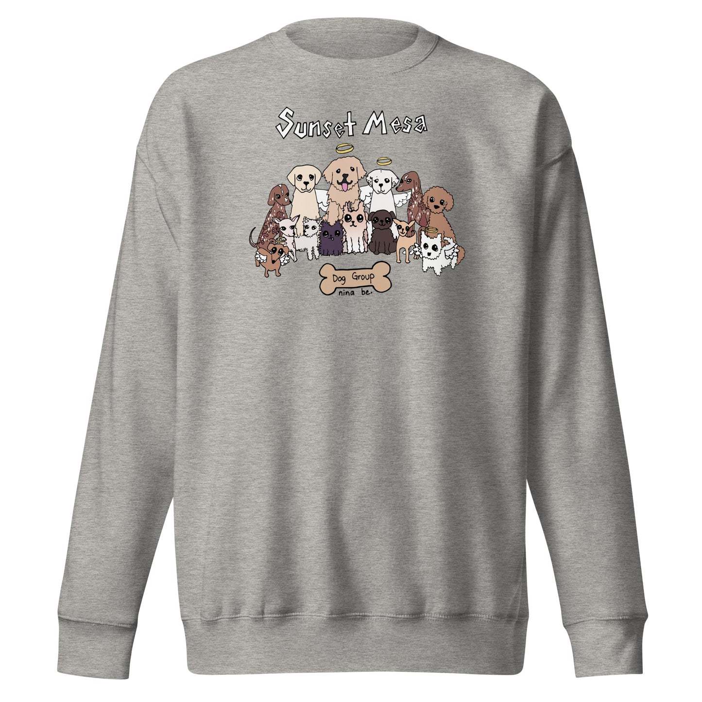 Nina Be Sunset Mesa Dog Group crewneck sweatshirt in carbon grey - hand-drawn dog graphic, front view