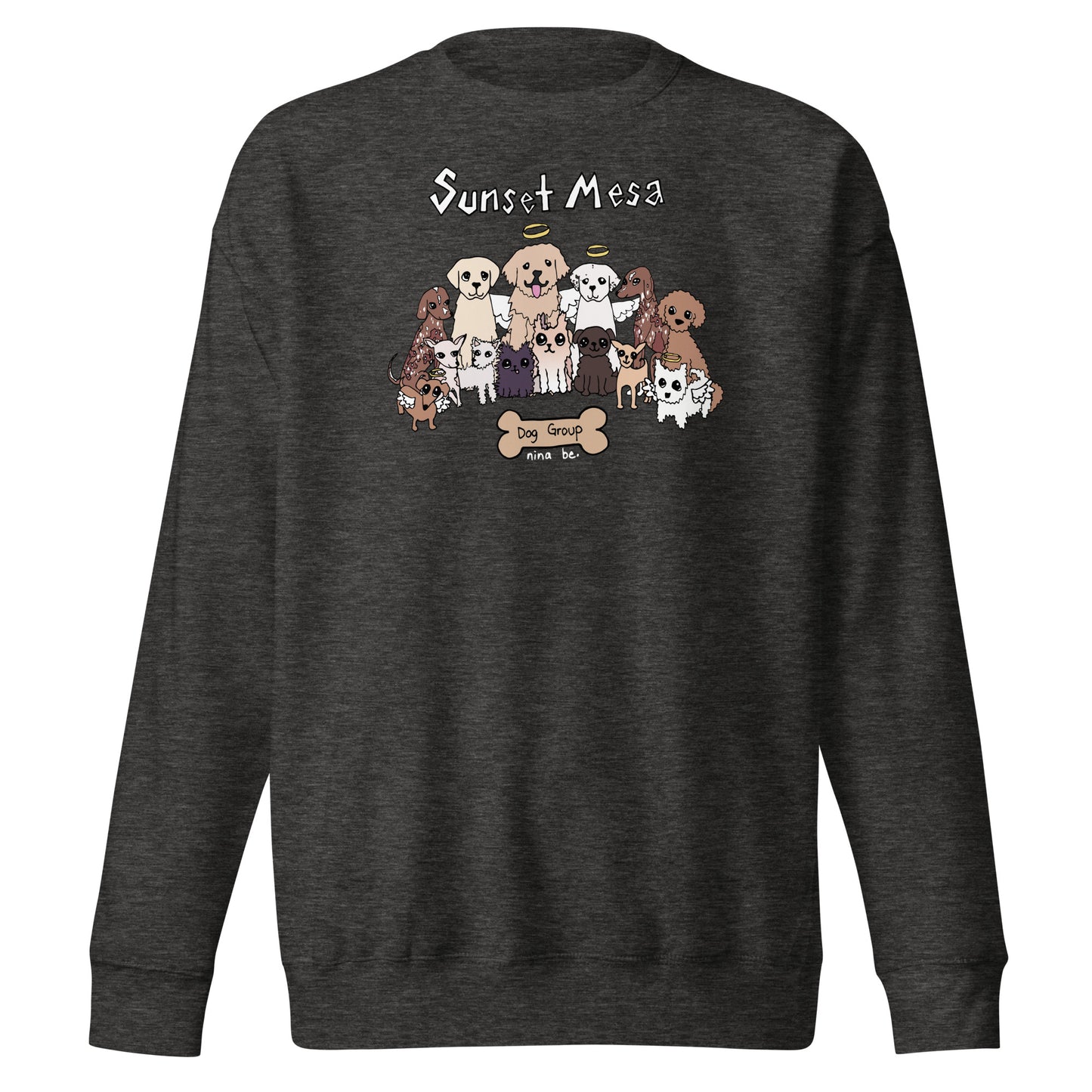 Nina Be Sunset Mesa Dog Group crewneck sweatshirt in charcoal heather - hand-drawn dog graphic, front view