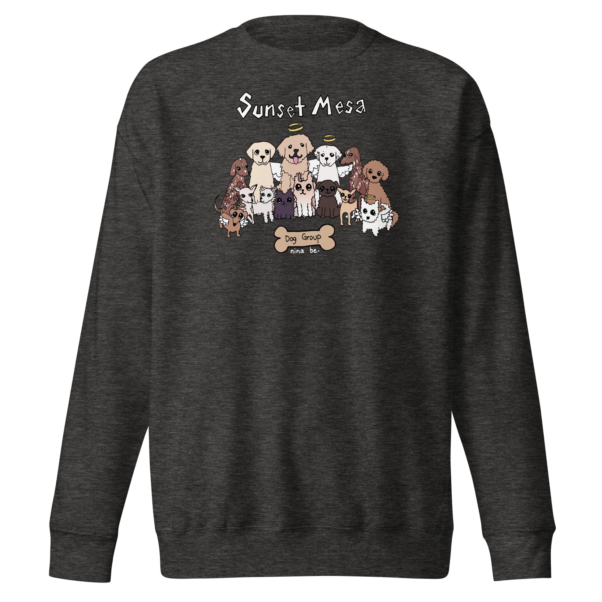 Nina Be Sunset Mesa Dog Group crewneck sweatshirt in charcoal heather - hand-drawn dog graphic, front view