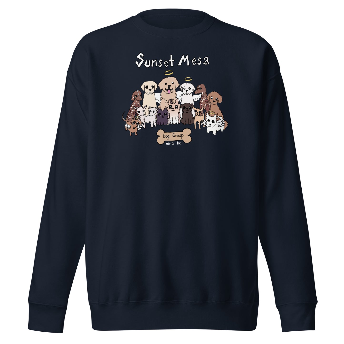 Nina Be Sunset Mesa Dog Group crewneck sweatshirt in navy blazer - hand-drawn dog graphic, front view