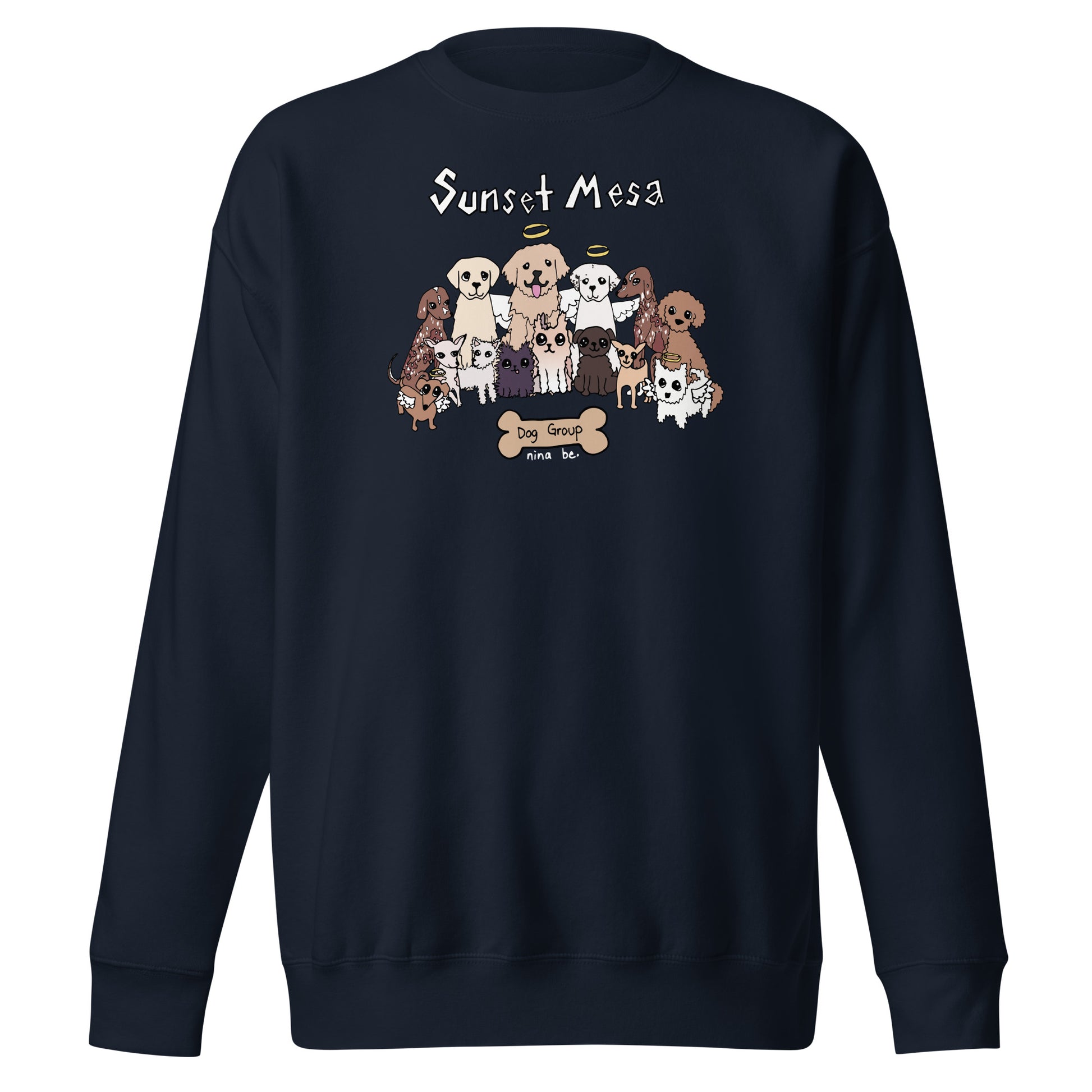 Nina Be Sunset Mesa Dog Group crewneck sweatshirt in navy blazer - hand-drawn dog graphic, front view