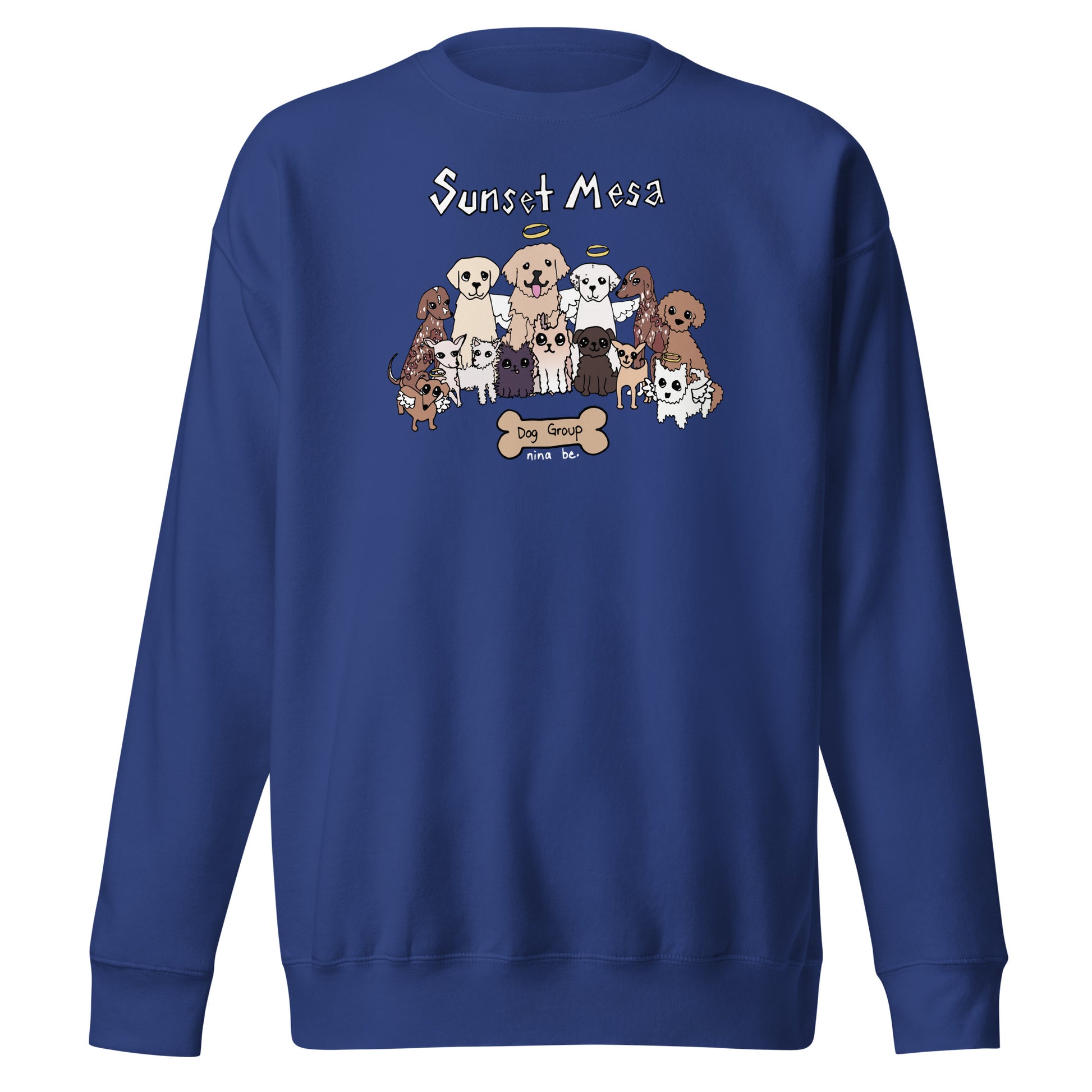Nina Be Sunset Mesa Dog Group crewneck sweatshirt in team royal blue - hand-drawn dog graphic, front view