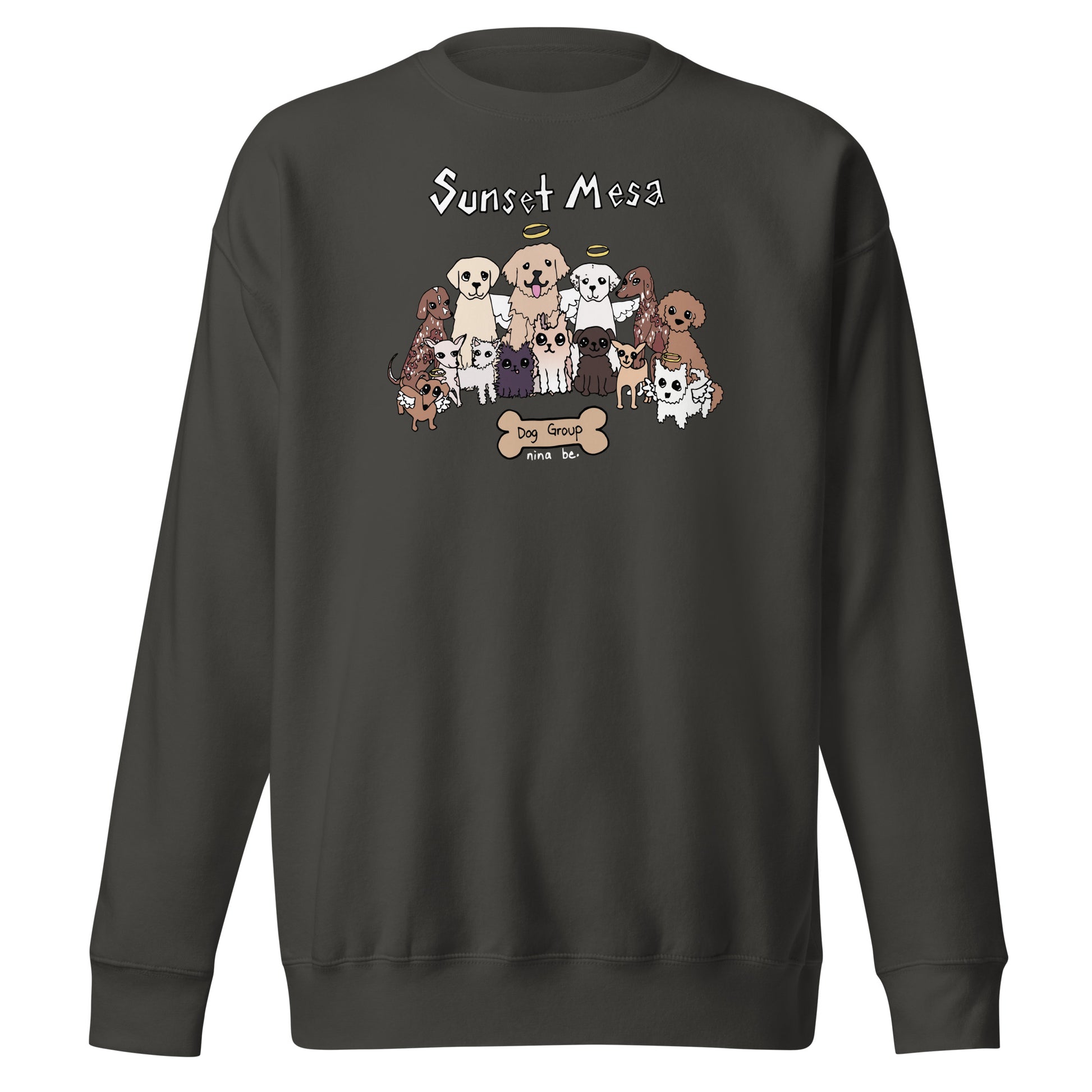 Nina Be Sunset Mesa Dog Group crewneck sweatshirt in vintage black - hand-drawn dog graphic, front view
