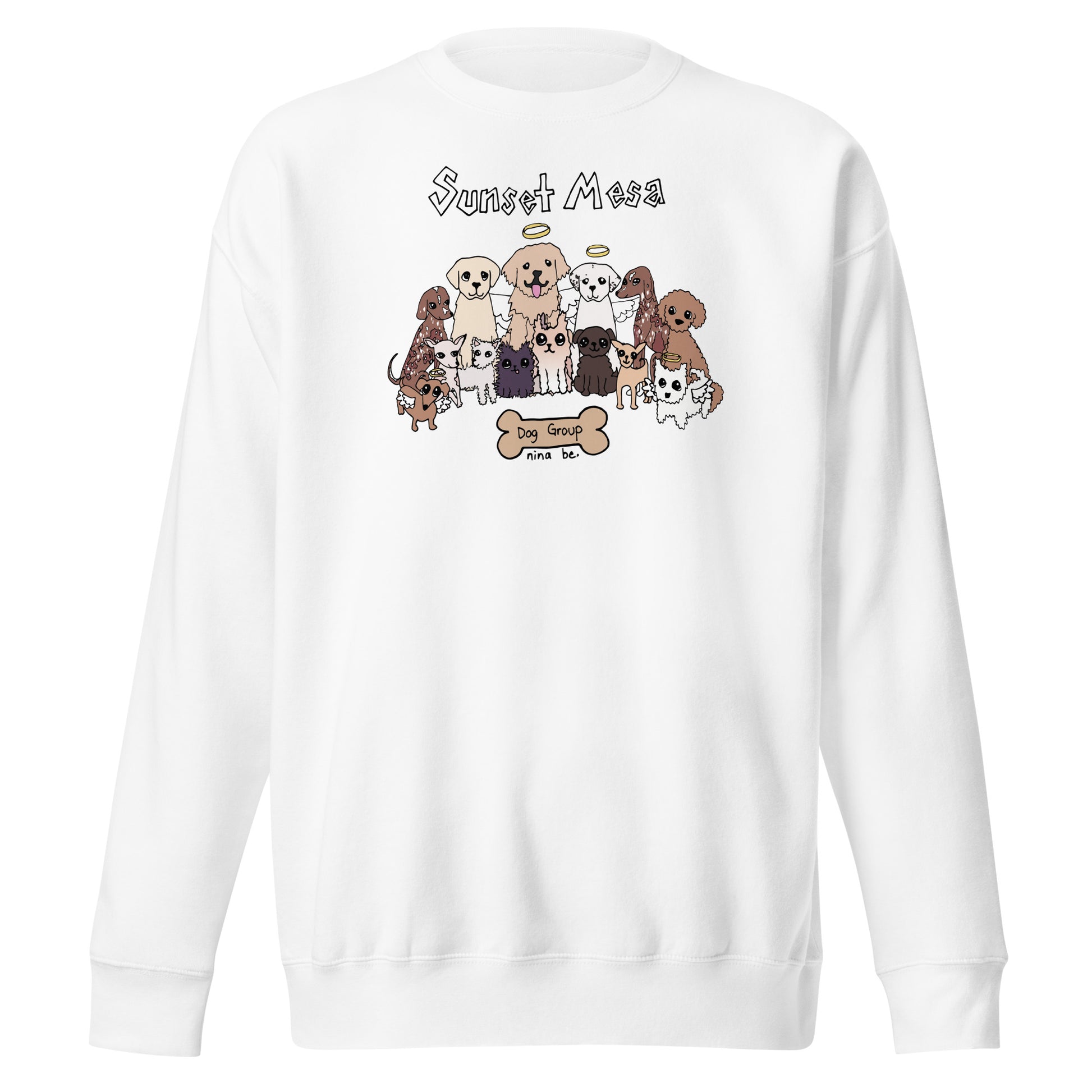 Nina Be Sunset Mesa Dog Group crewneck sweatshirt in white - hand-drawn dog graphic, front view