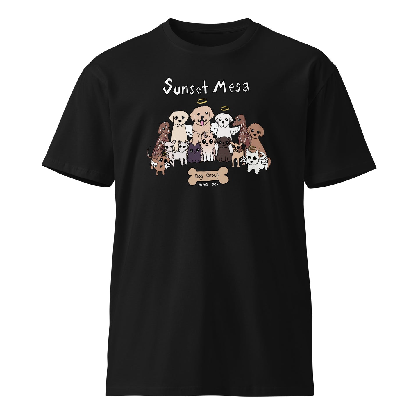 Nina Be Sunset Mesa Dog Group unisex t-shirt in black - hand-drawn dog graphic tee, front view