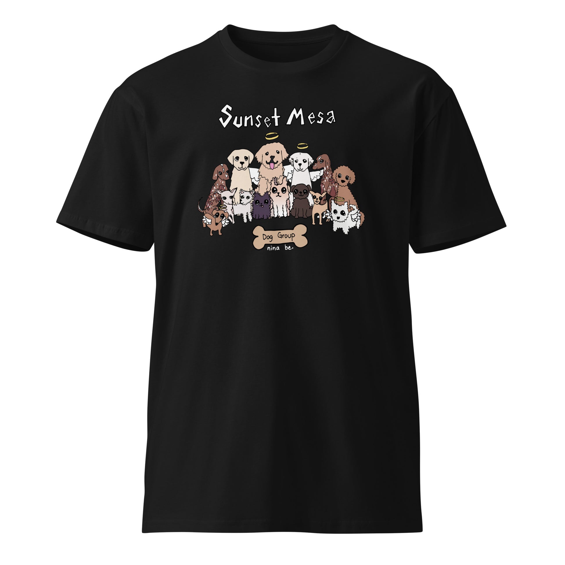 Nina Be Sunset Mesa Dog Group unisex t-shirt in black - hand-drawn dog graphic tee, front view