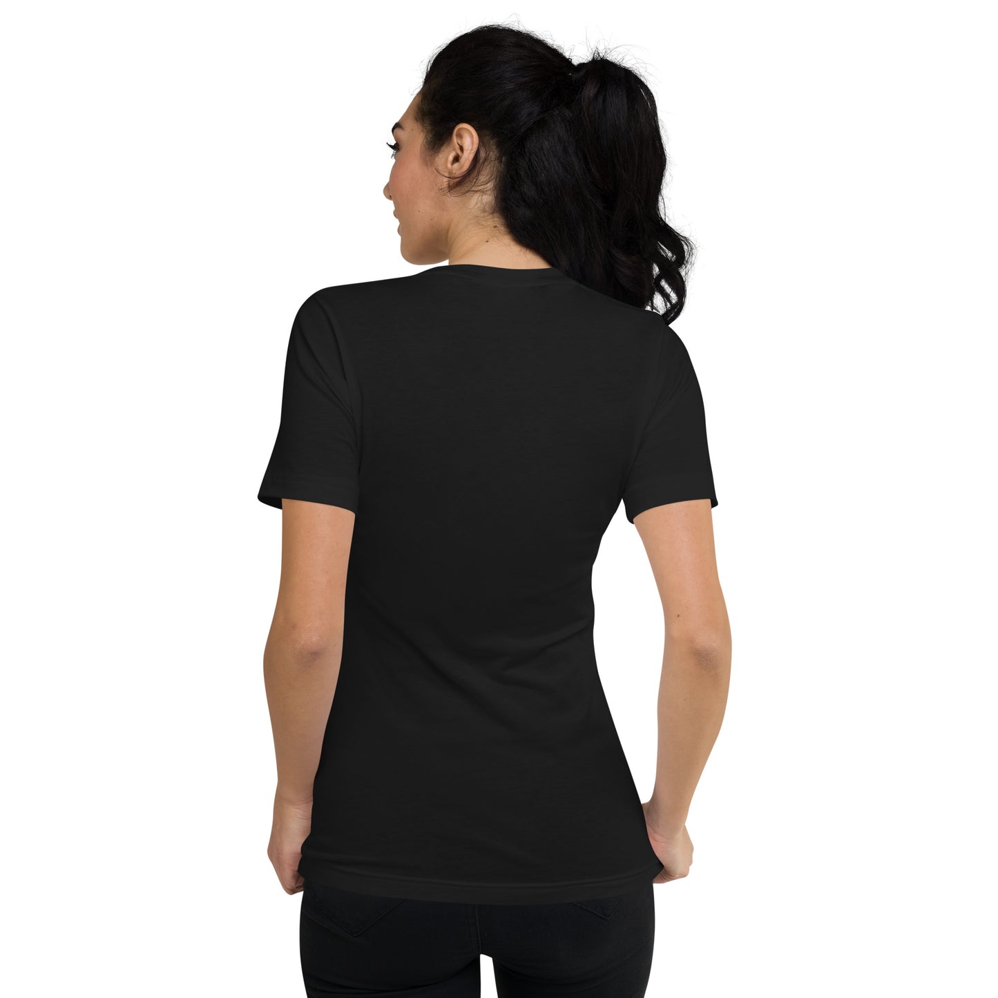 Nina Be Sunset Mesa Dog Group v-neck t-shirt in black - back view, dog graphic