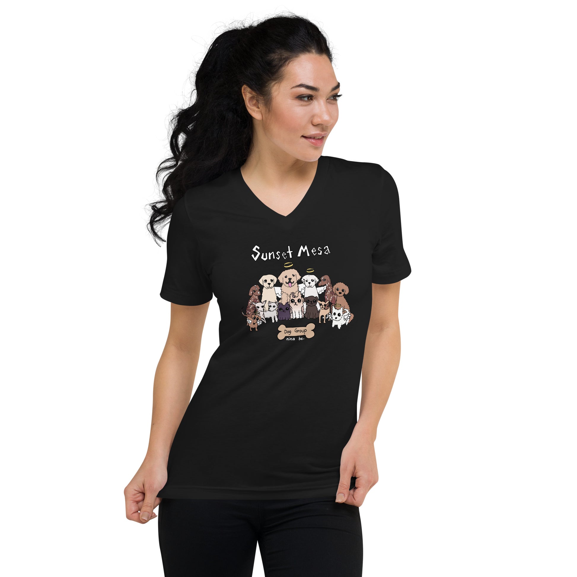 Nina Be Sunset Mesa Dog Group v-neck t-shirt in black - front view, hand-drawn dog graphic