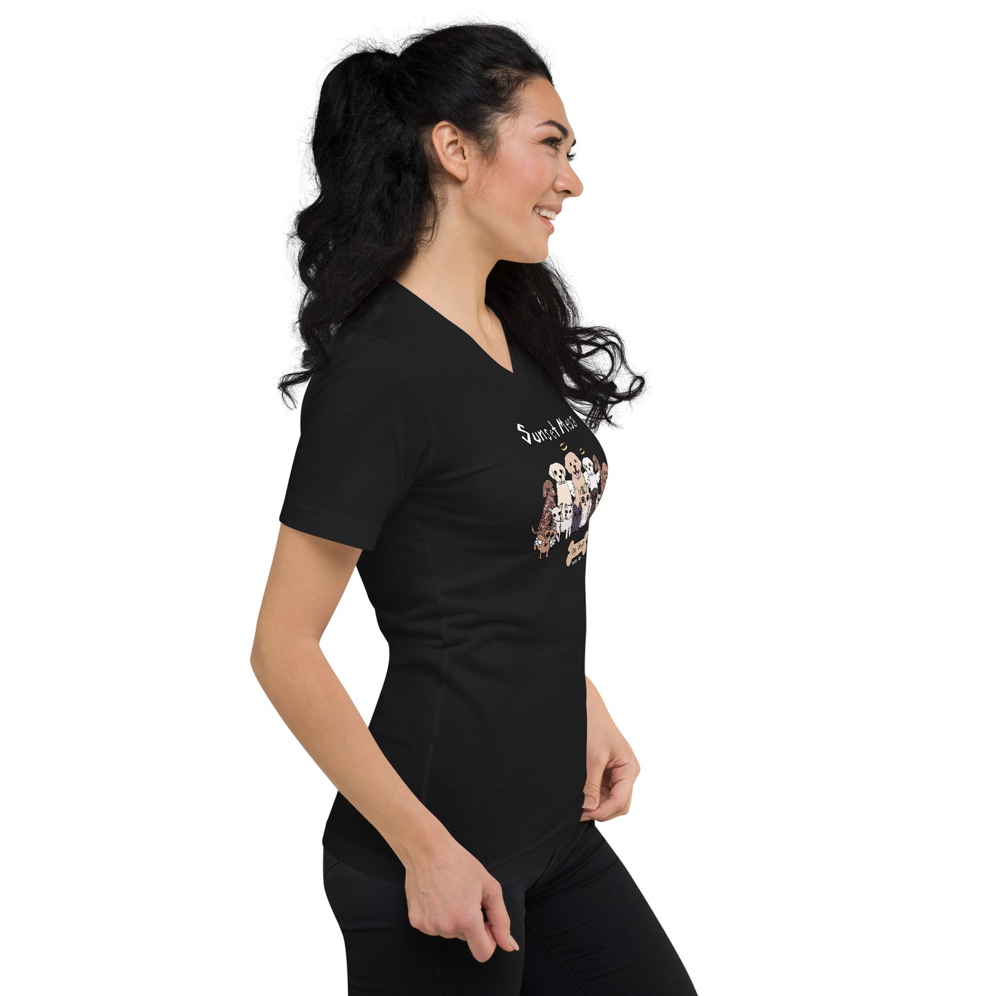 Nina Be Sunset Mesa Dog Group v-neck t-shirt in black - right angle view, dog graphic