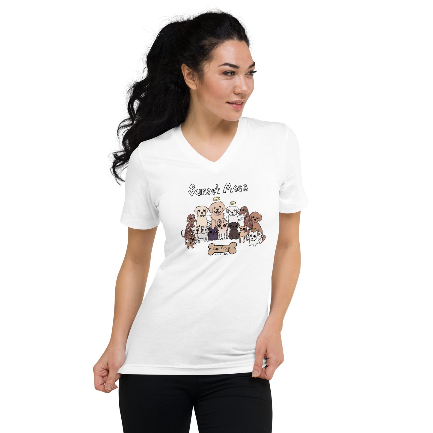 Nina Be Sunset Mesa Dog Group v-neck t-shirt in white - front view, hand-drawn dog graphic