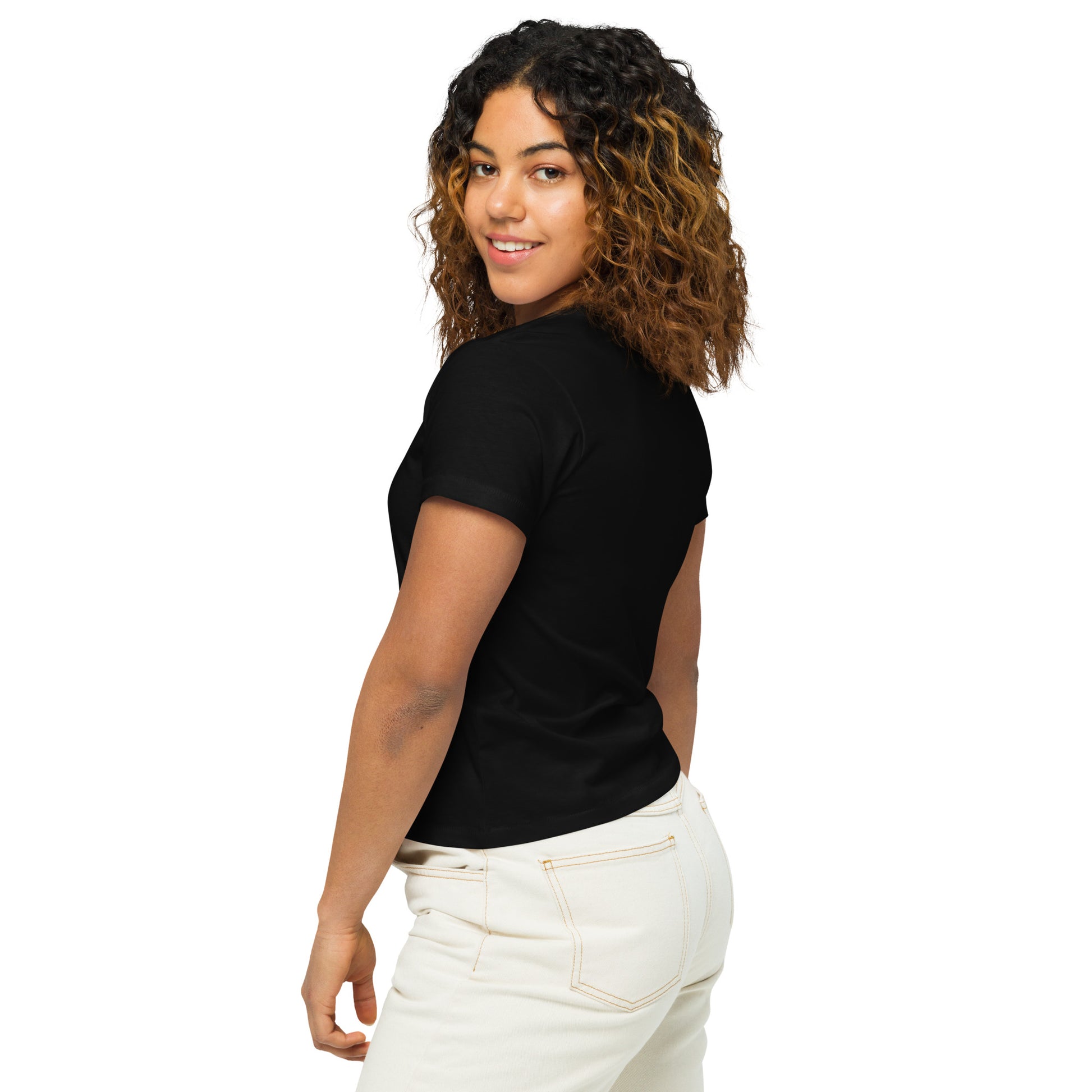 Nina Be Sunset Mesa Dog Group women's high-waisted t-shirt in black - back view, dog graphic tee