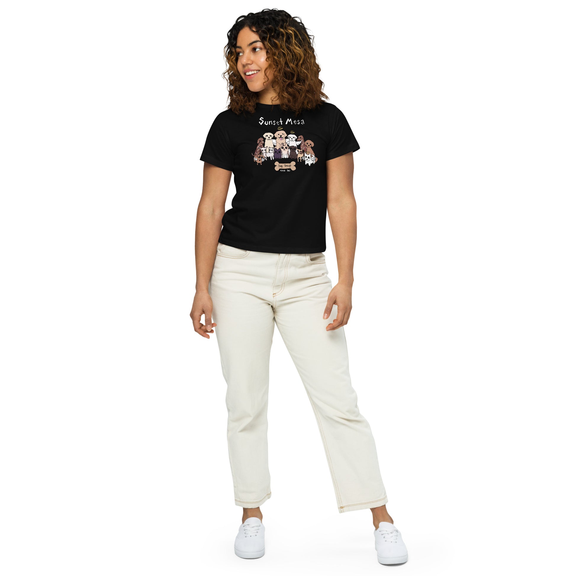 Nina Be Sunset Mesa Dog Group women's high-waisted t-shirt in black - alternate front view, dog graphic tee