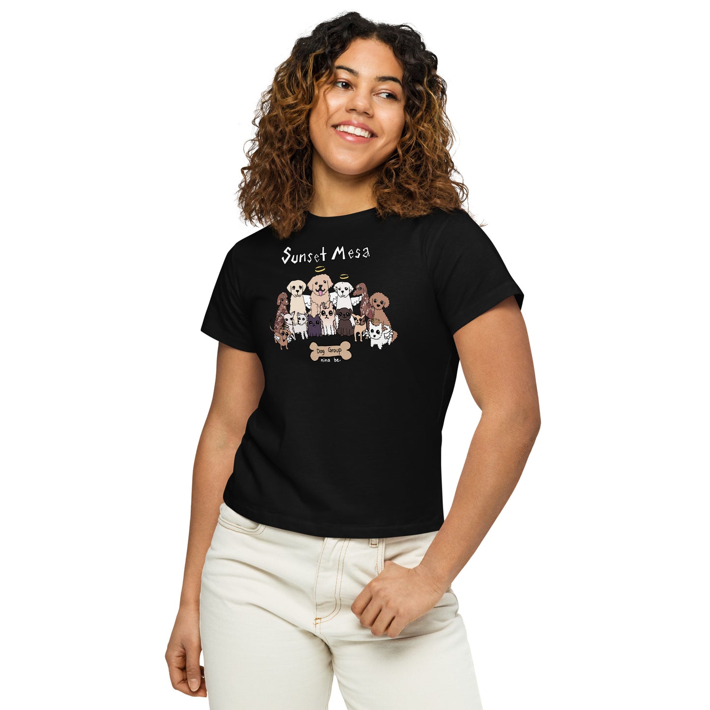 Nina Be Sunset Mesa Dog Group women's high-waisted t-shirt in black - front view, hand-drawn dog graphic tee