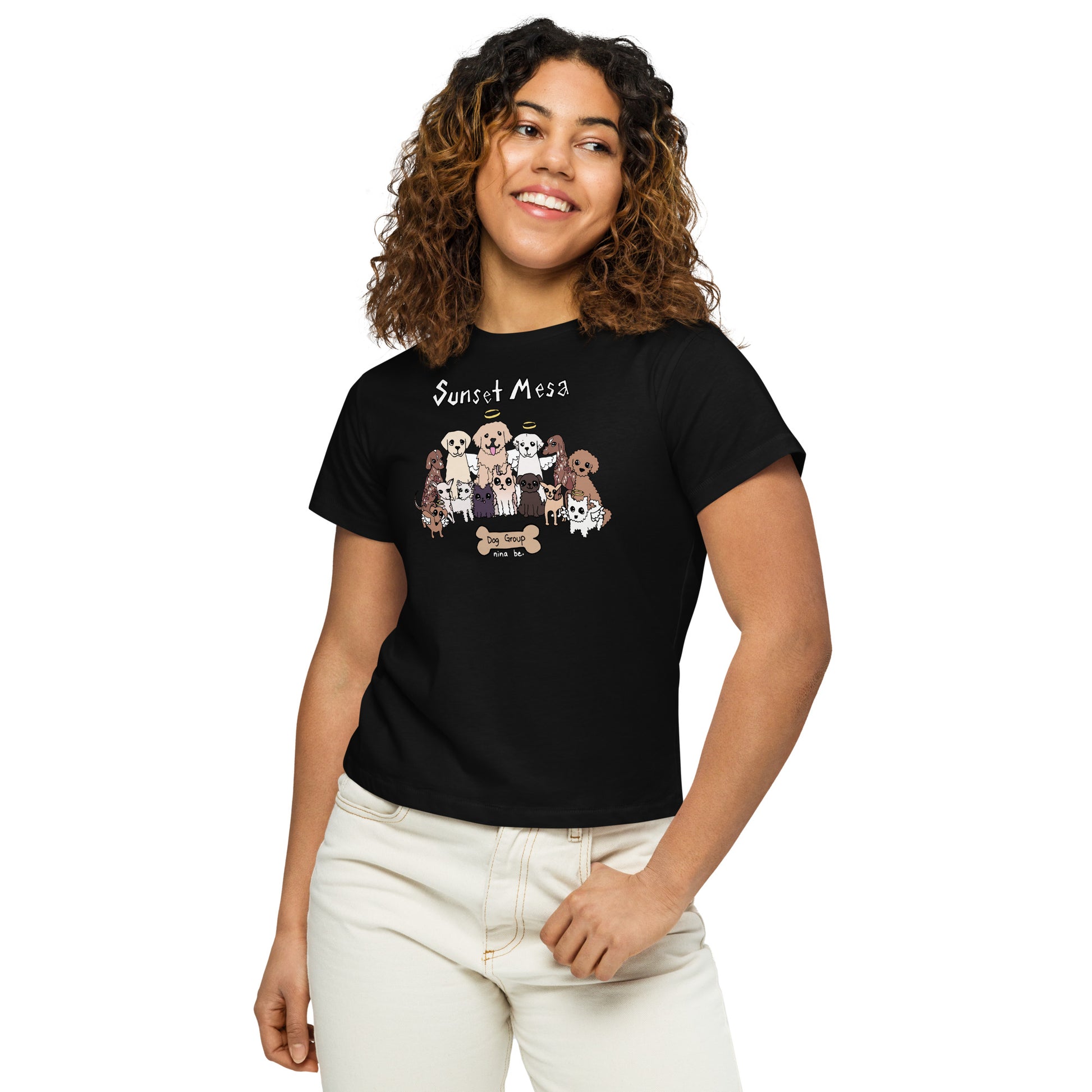 Nina Be Sunset Mesa Dog Group women's high-waisted t-shirt in black - front view, hand-drawn dog graphic tee