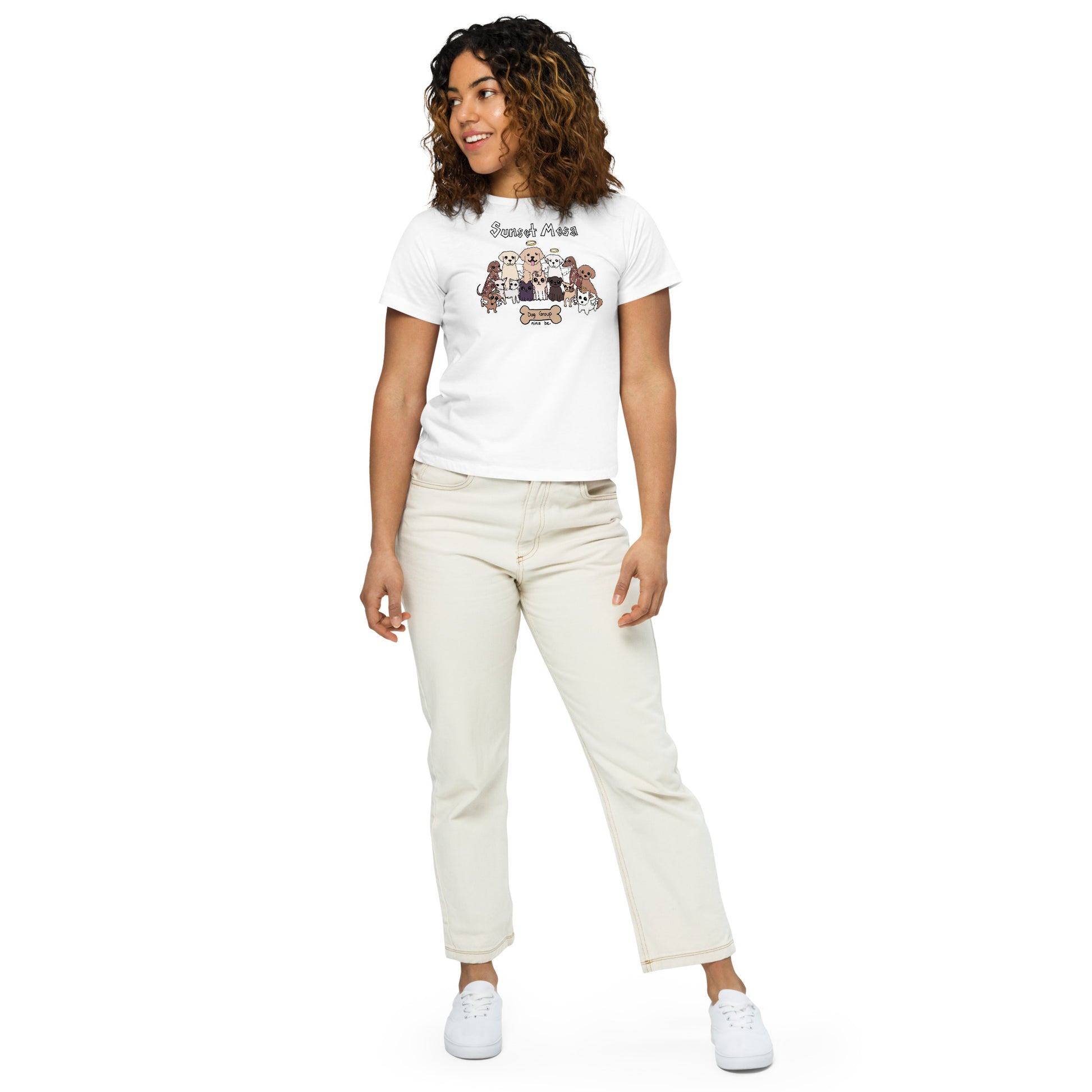 Nina Be Sunset Mesa Dog Group women's high-waisted t-shirt in white - alternate front view, dog graphic tee