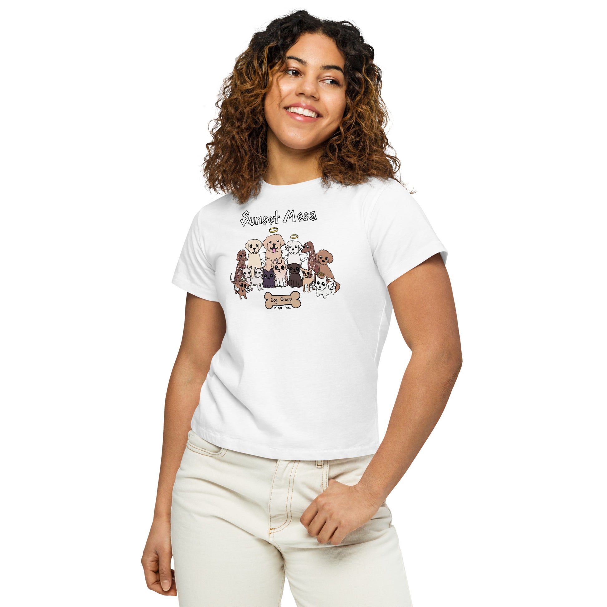 Nina Be Sunset Mesa Dog Group women's high-waisted t-shirt in white - front view, hand-drawn dog graphic tee