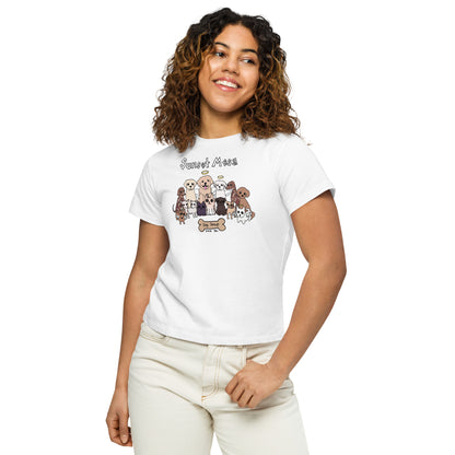 Nina Be Sunset Mesa Dog Group women's high-waisted t-shirt in white - front view, hand-drawn dog graphic tee