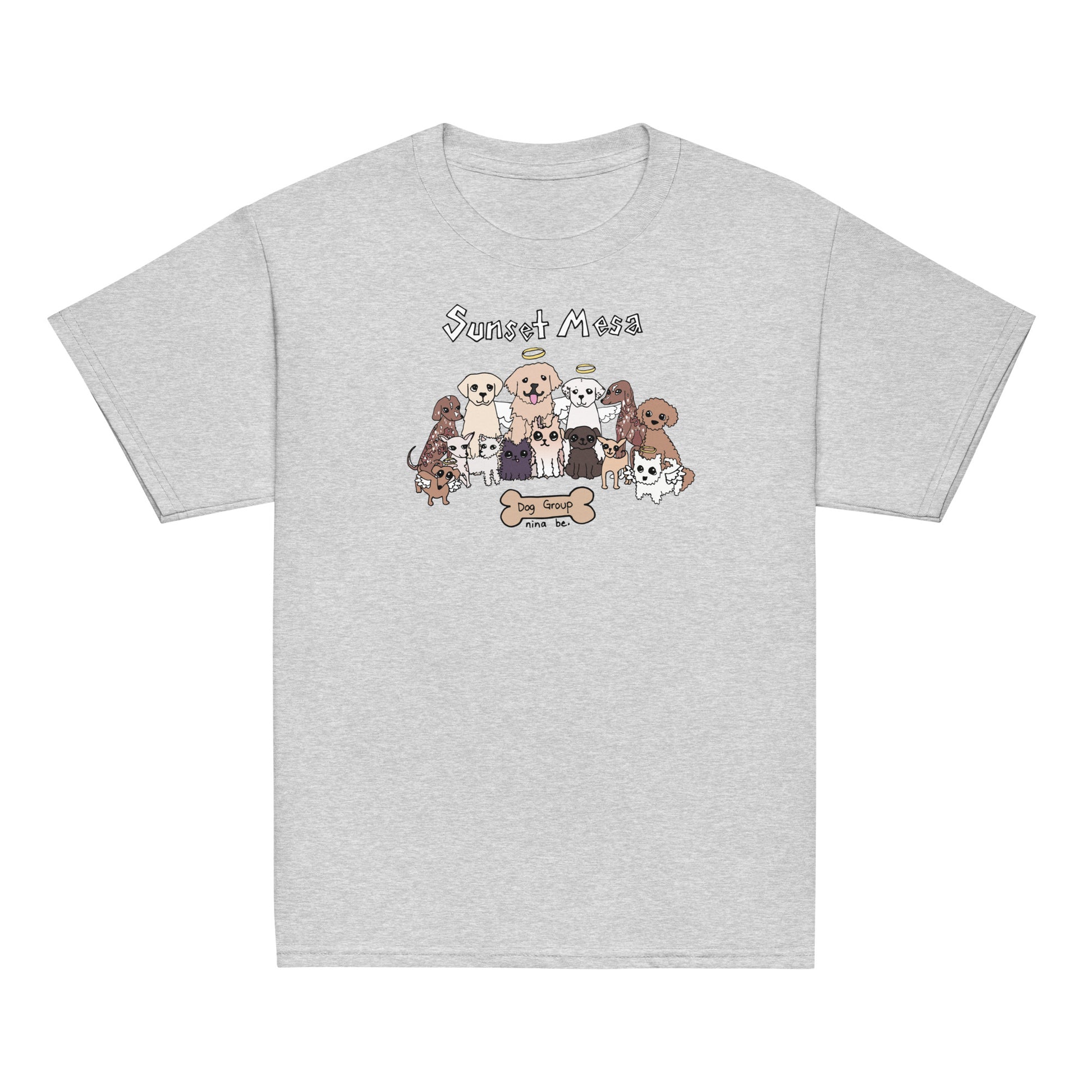 Nina Be Sunset Mesa Dog Group youth t-shirt in sport grey - hand-drawn dog graphic tee, front view